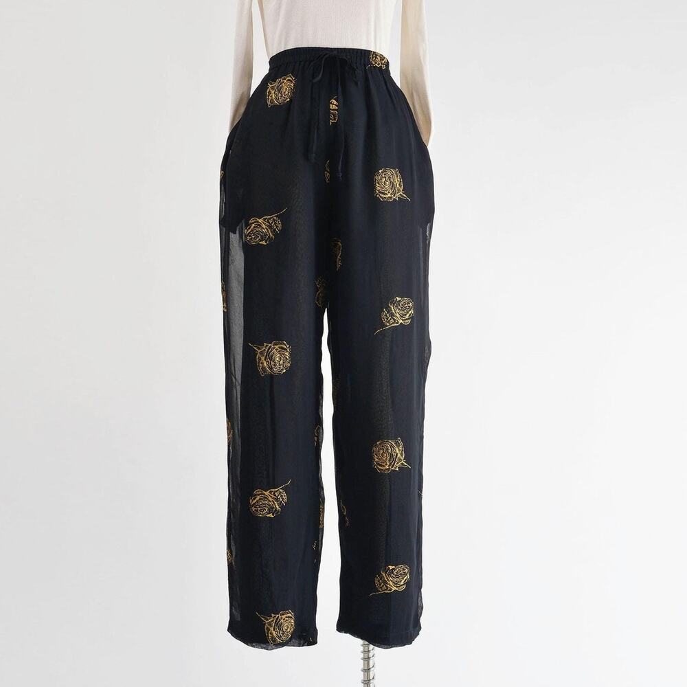 Vintage 90s Sheer Black Floral Elastic Waist Pants size L